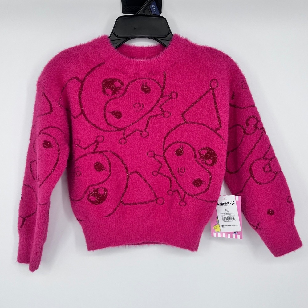 Hello Kitty and Friends Kuromi Sweater Kids XS 4/5 Pink Fuzzy Glitter Pullover